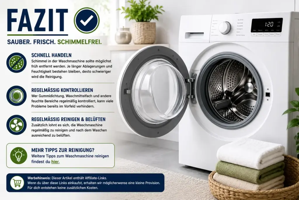 Schimmel in der Waschmaschine entfernen: Saubere moderne Waschmaschine nach erfolgreicher Schimmelentfernung mit frischem und hygienischem Innenraum