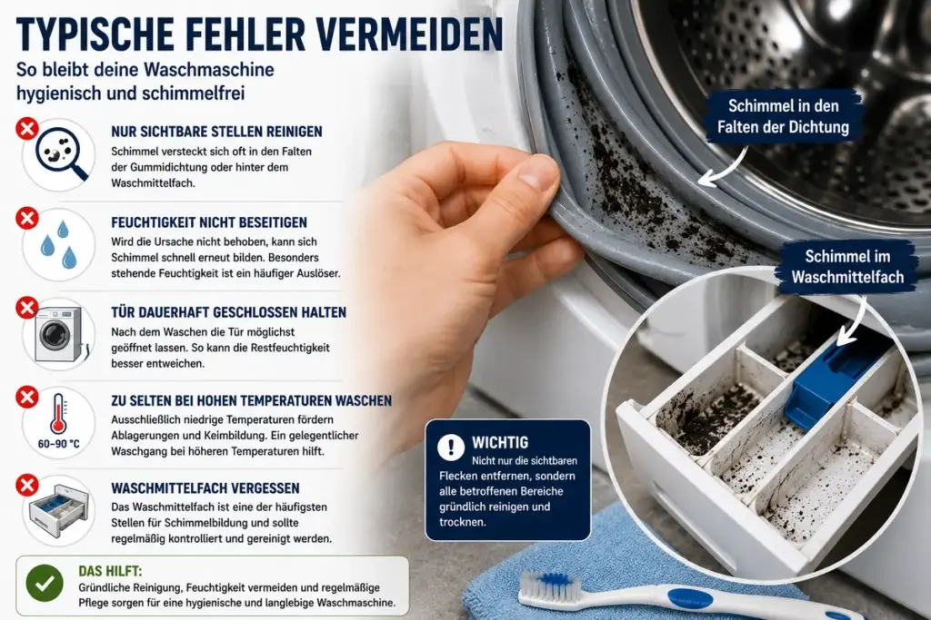 Schimmel in der Waschmaschine entfernen: Reinigung der Gummidichtung und Kontrolle des Waschmittelfachs auf Schimmel