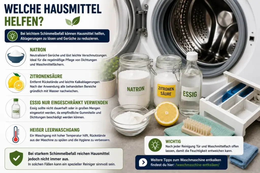 Schimmel in der Waschmaschine entfernen: Natron, Zitronensäure und Reinigungsutensilien neben einer geöffneten Waschmaschine zur Schimmelbekämpfung