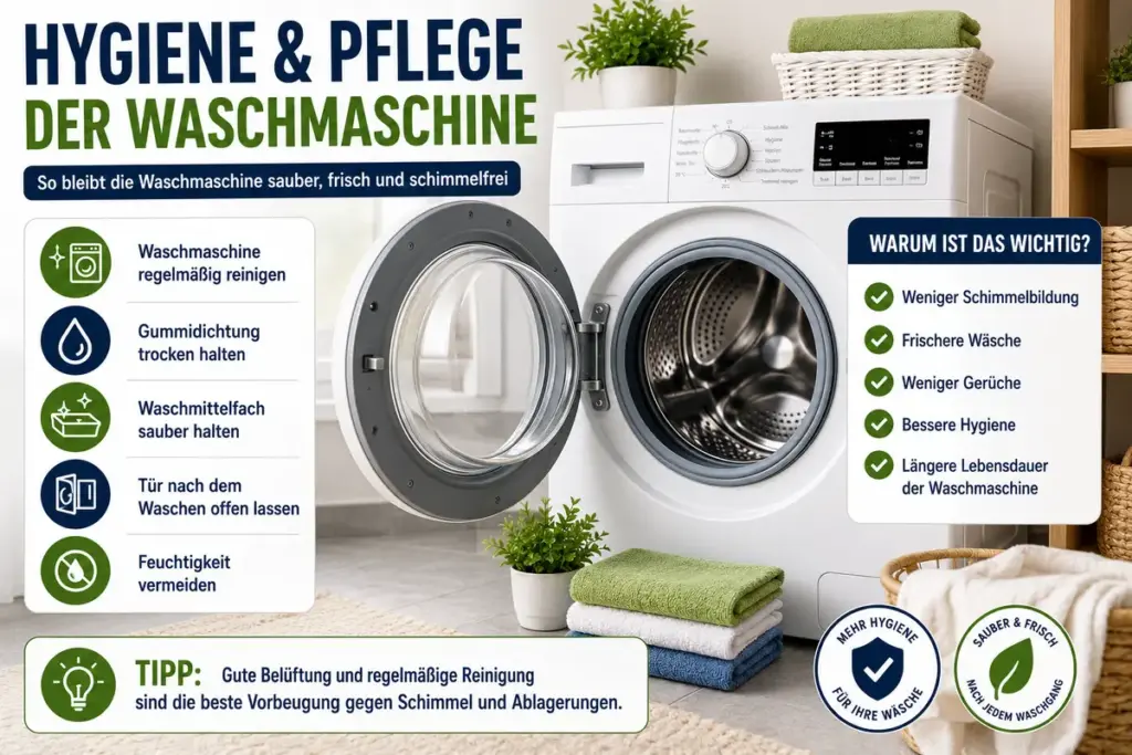 Schimmel in der Waschmaschine entfernen: Saubere hygienische Waschmaschine nach erfolgreicher Reinigung mit geöffneter Tür und frischem Innenraum