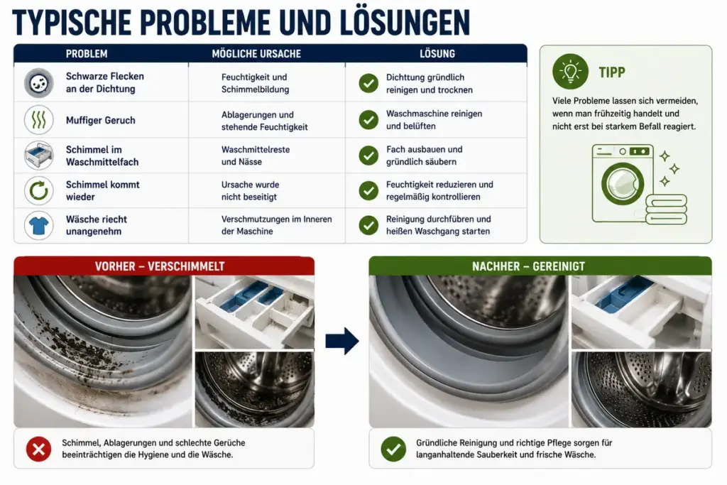 Schimmel in der Waschmaschine entfernen: Vorher-Nachher Vergleich einer verschimmelten und gründlich gereinigten Waschmaschine mit Lösungen für typische Probleme