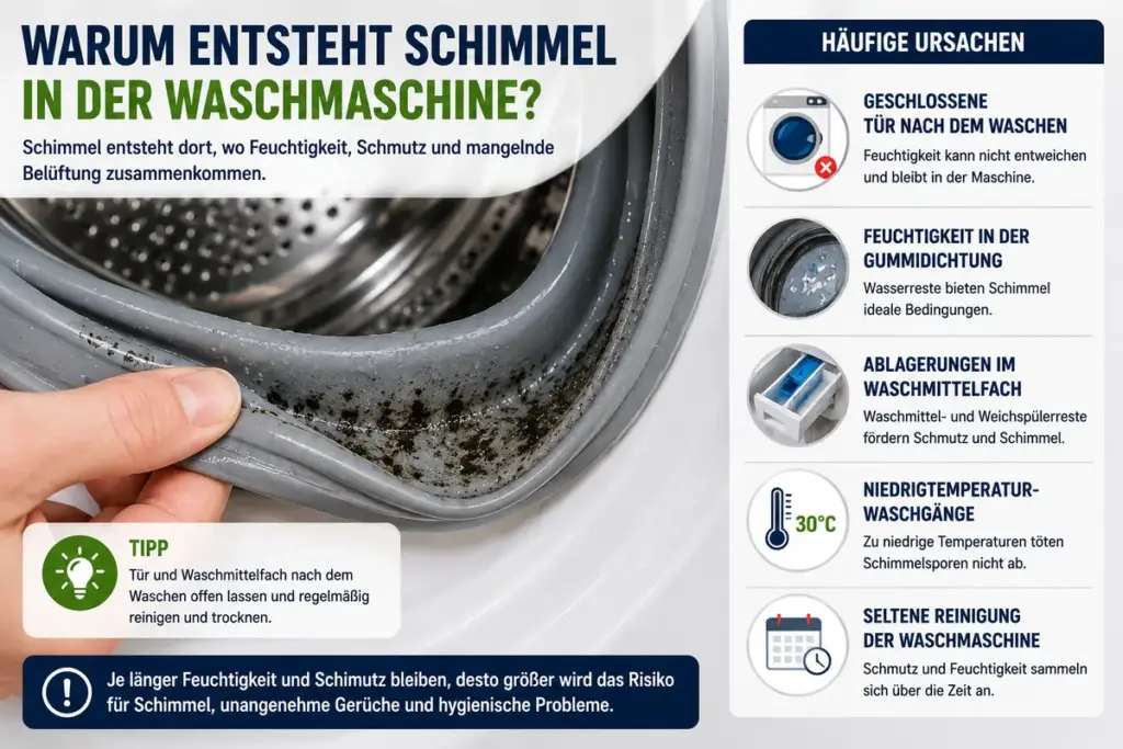 Schimmel in der Waschmaschine entfernen: Feuchtigkeit und schwarze Schimmelflecken in der Gummidichtung einer Waschmaschine mit typischen Ursachen für Schimmelbildung