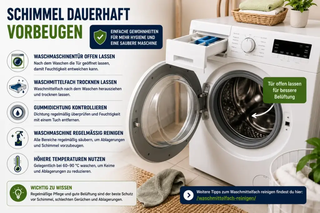 Schimmel in der Waschmaschine entfernen: Geöffnete Waschmaschine mit offener Tür und Waschmittelfach zum Trocknen für die Vorbeugung von Schimmel