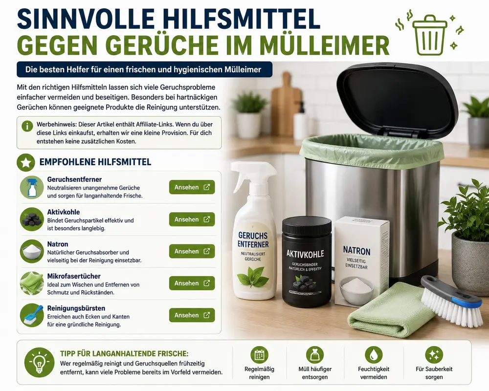 SEO-Infografik zu sinnvollen Hilfsmitteln gegen Gerüche im Mülleimer mit Geruchsentferner, Aktivkohle, Natron, Mikrofasertüchern und Reinigungsbürsten für eine hygienische und geruchsfreie Küche.