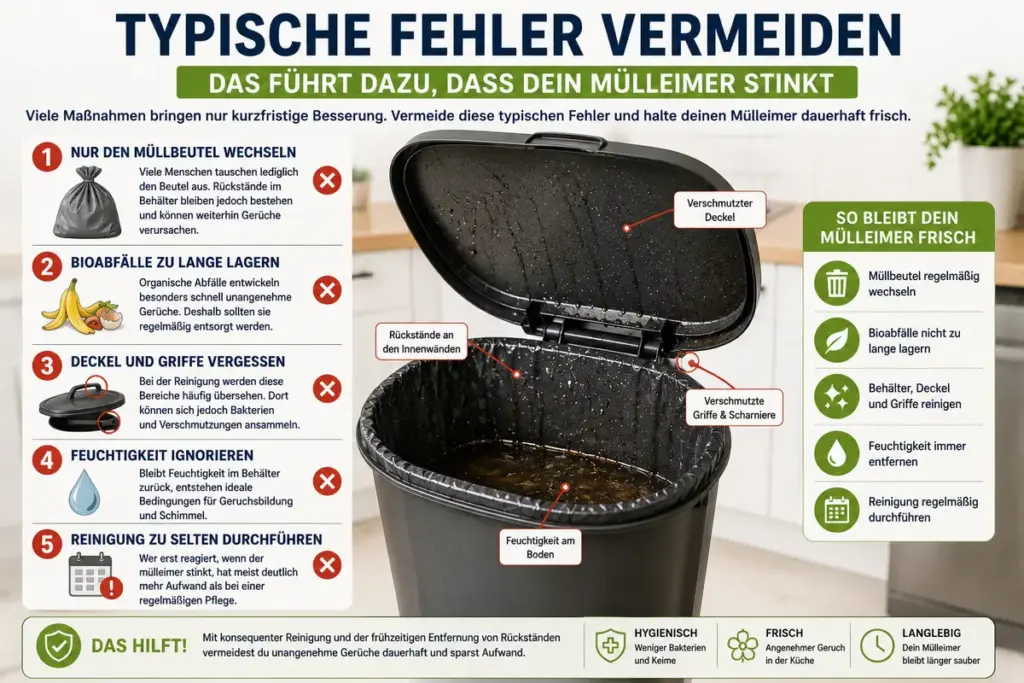 SEO-Infografik zu typischen Fehlern bei stinkenden Mülleimern mit verschmutztem Deckel, Feuchtigkeit, Bioabfällen, seltener Reinigung und Rückständen im Abfallbehälter.