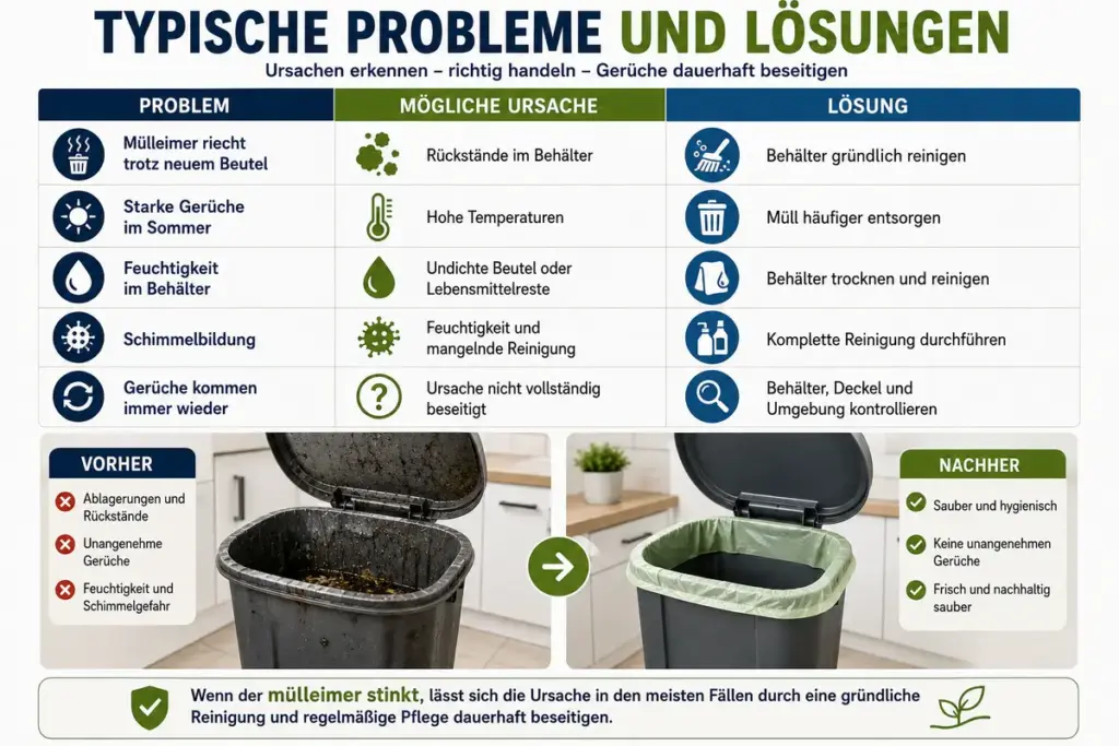 SEO-Infografik mit typischen Problemen und Lösungen bei stinkenden Mülleimern inklusive Ursachen, Reinigungsmaßnahmen sowie Vorher-Nachher Vergleich eines verschmutzten und sauberen Abfallbehälters.