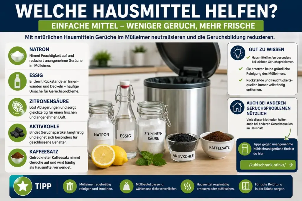 SEO-Infografik zu Hausmitteln gegen stinkende Mülleimer mit Natron, Essig, Zitronensäure, Aktivkohle und Kaffeesatz zur Geruchsneutralisierung und Geruchsvermeidung.