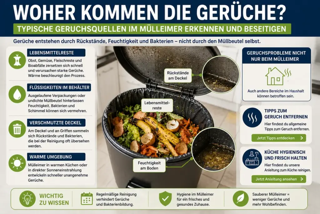 SEO-Infografik zu typischen Geruchsquellen im Mülleimer mit Lebensmittelresten, Feuchtigkeit, verschmutztem Deckel, Bakterienbildung und warmer Umgebung in der Küche.