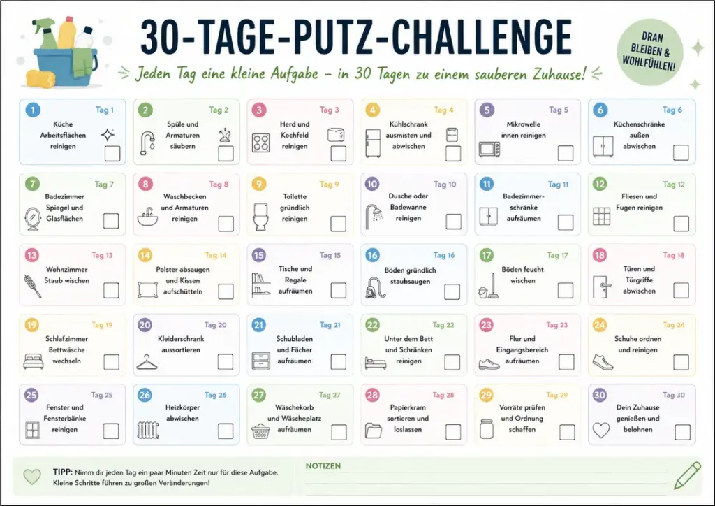 Kostenlose 30-Tage-Putz-Challenge als übersichtliche Checkliste mit täglichen Reinigungsaufgaben, Kontrollkästchen und Notizfeld zum Ausdrucken.