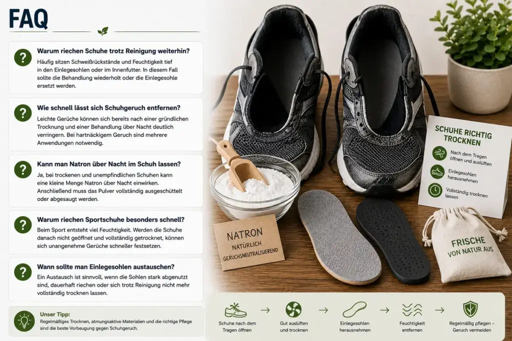 Schuhgeruch entfernen FAQ mit Antworten zu Natron, Einlegesohlen, Sportschuhen, Trocknung und häufigen Fragen rund um unangenehm riechende Schuhe.