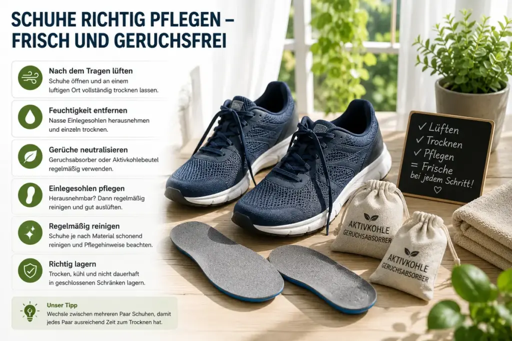 Schuhgeruch entfernen mit frischen sauberen Schuhen an einem luftigen Ort, herausgenommenen Einlegesohlen und Geruchsabsorbern für dauerhaft geruchsfreie Schuhe.