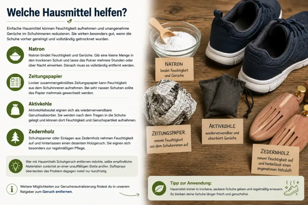Schuhgeruch entfernen mit Natron, Zeitungspapier, Aktivkohle und Zedernholz als bewährte Hausmittel gegen unangenehme Gerüche in Schuhen.
