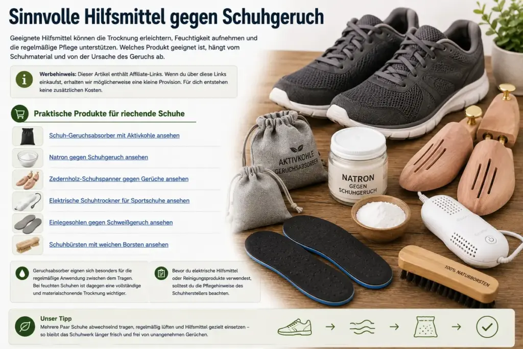 Schuhgeruch entfernen mit Aktivkohlebeuteln, Natron, Zedernholz-Schuhspannern, Schuhtrockner, Einlegesohlen und Schuhbürste für dauerhaft frische Schuhe.