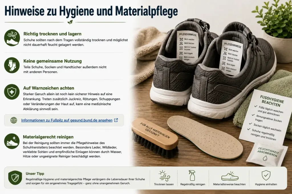 Schuhgeruch entfernen durch richtige Hygiene, vollständiges Trocknen, materialgerechte Schuhpflege und das Beachten der Pflegehinweise für langlebige und frische Schuhe.