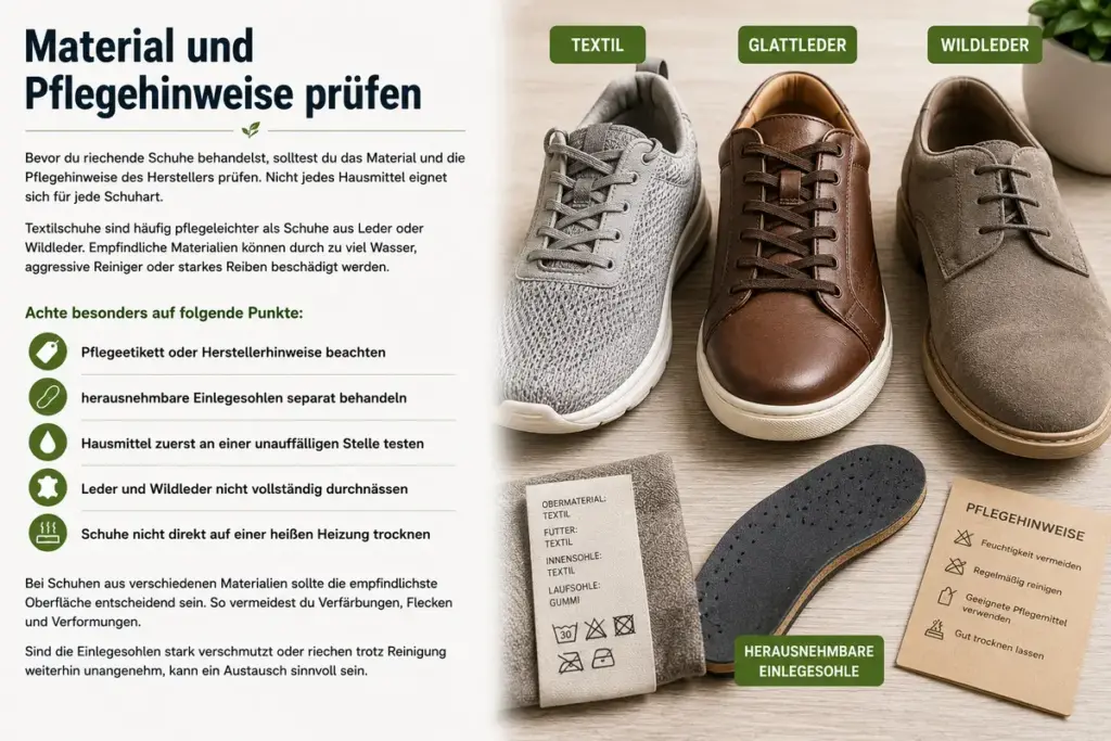 Schuhgeruch entfernen bei Textil-, Glattleder- und Wildlederschuhen mit Pflegehinweisen, herausnehmbarer Einlegesohle und Tipps zur materialschonenden Reinigung.