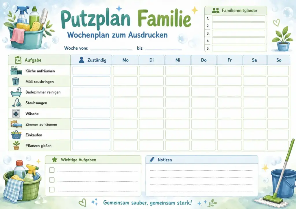 Kostenloser Familien-Putzplan als Wochenübersicht mit Aufgaben, Zuständigkeiten, Wochentagen, Familienmitgliedern und Notizfeldern zum Ausdrucken.