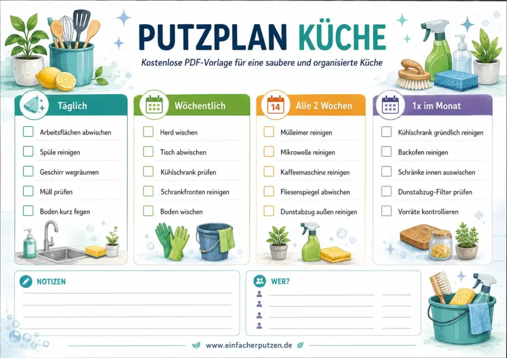 Putzplan PDF Küche kostenlos mit täglichen und wöchentlichen Aufgaben