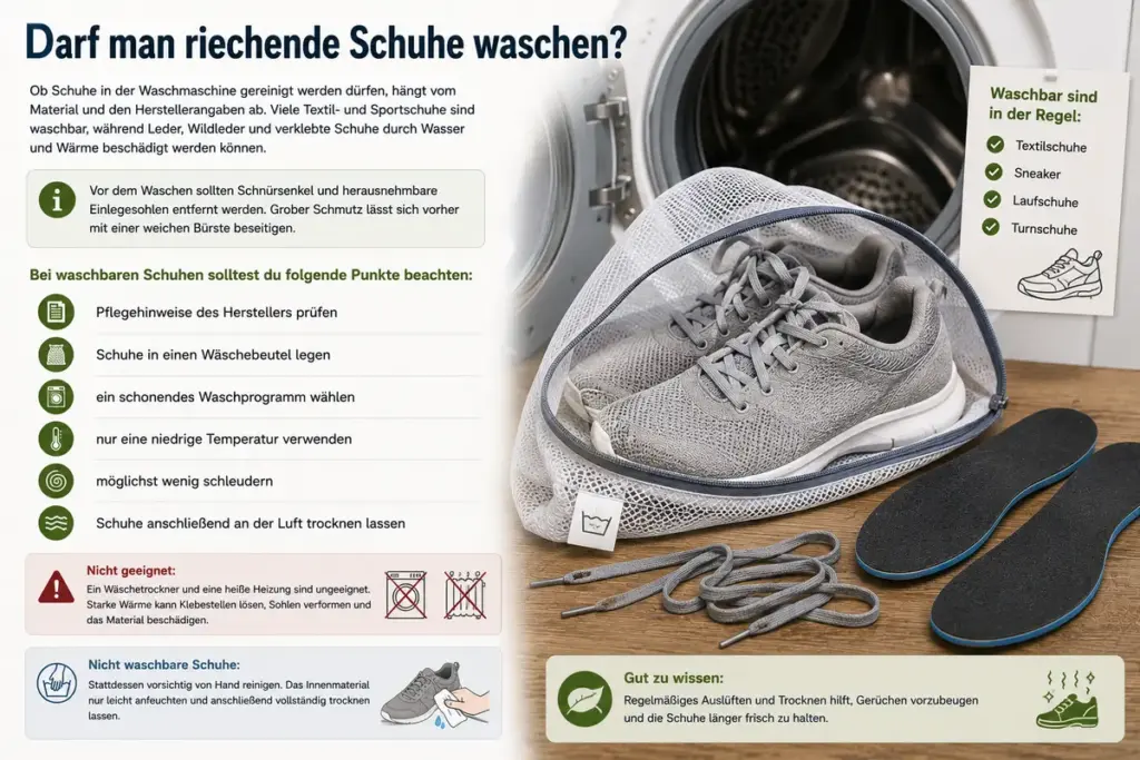 Schuhgeruch entfernen durch richtiges Waschen von Textilschuhen im Wäschebeutel mit herausgenommenen Schnürsenkeln und Einlegesohlen sowie schonender Trocknung.