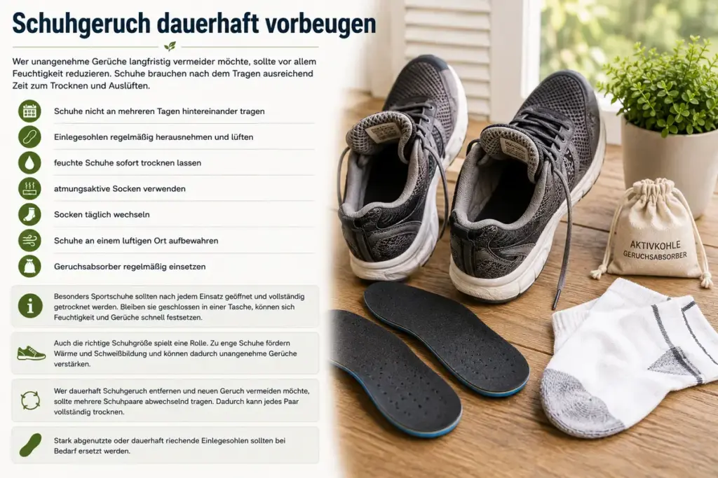 Schuhgeruch entfernen und dauerhaft vorbeugen durch Auslüften, trockene Einlegesohlen, atmungsaktive Socken, Geruchsabsorber und den regelmäßigen Wechsel von Schuhen.