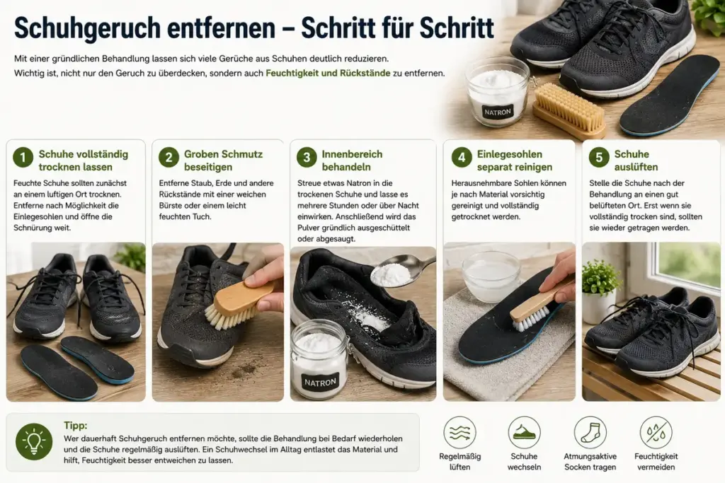 Schuhgeruch entfernen Schritt für Schritt mit trocknen, Schmutz entfernen, Natron anwenden, Einlegesohlen reinigen und Schuhe gründlich auslüften.
