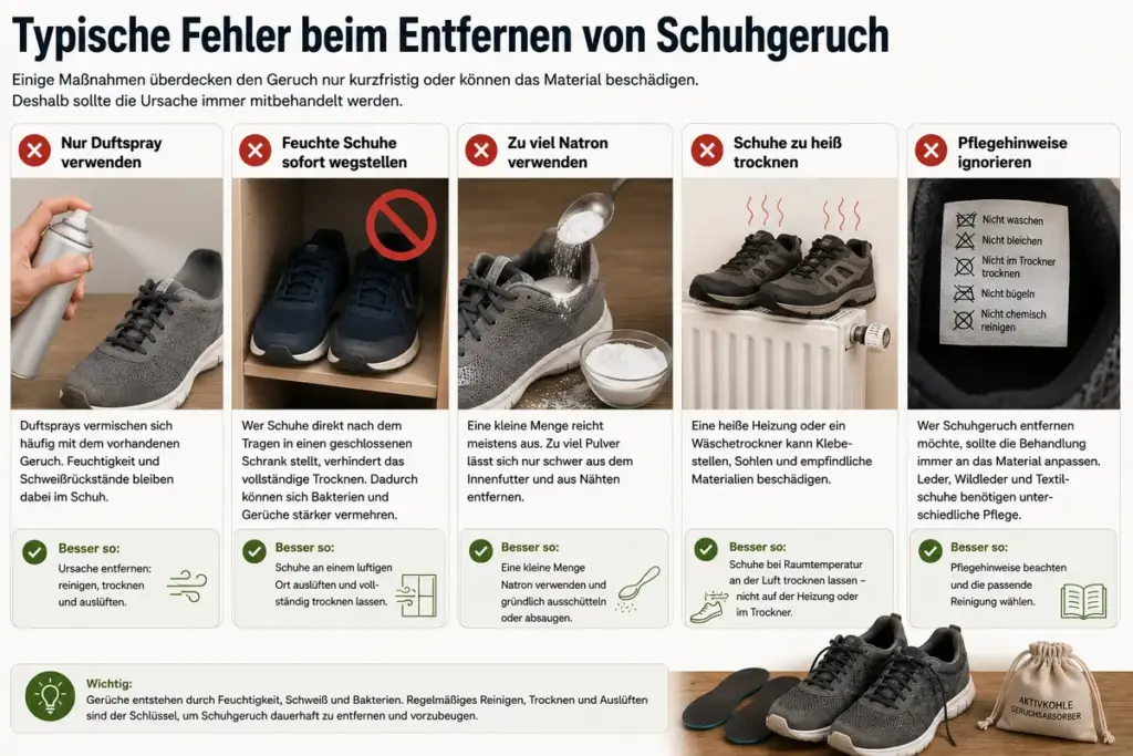 Schuhgeruch entfernen ohne typische Fehler wie Duftspray, zu viel Natron oder Trocknen auf der Heizung sowie Tipps zur materialgerechten Schuhpflege.