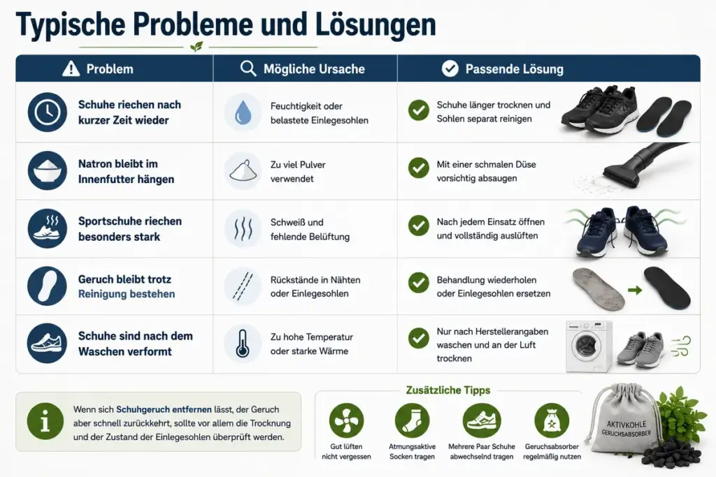 Schuhgeruch entfernen mit einer Übersicht typischer Probleme, Ursachen und Lösungen wie richtiges Trocknen, Einlegesohlen reinigen, Natron anwenden und Schuhe schonend waschen.