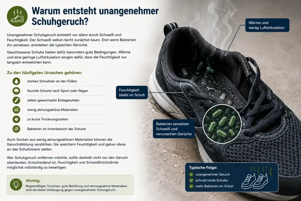 Schuhgeruch entfernen: Sportschuh mit Feuchtigkeit, Bakterien und schlechter Luftzirkulation als häufige Ursachen für unangenehmen Schuhgeruch sowie Tipps zur Vorbeugung.