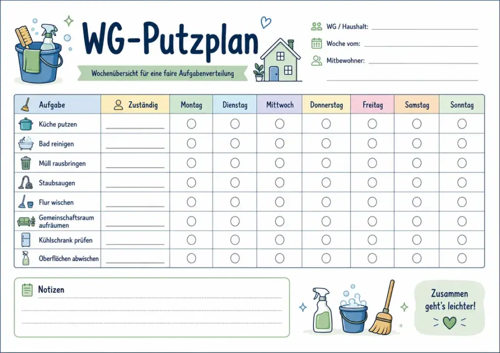 Kostenloser WG-Putzplan als Wochenübersicht mit Aufgaben, Zuständigkeiten, Wochentagen, Mitbewohnern und Notizfeld zum Ausdrucken.
