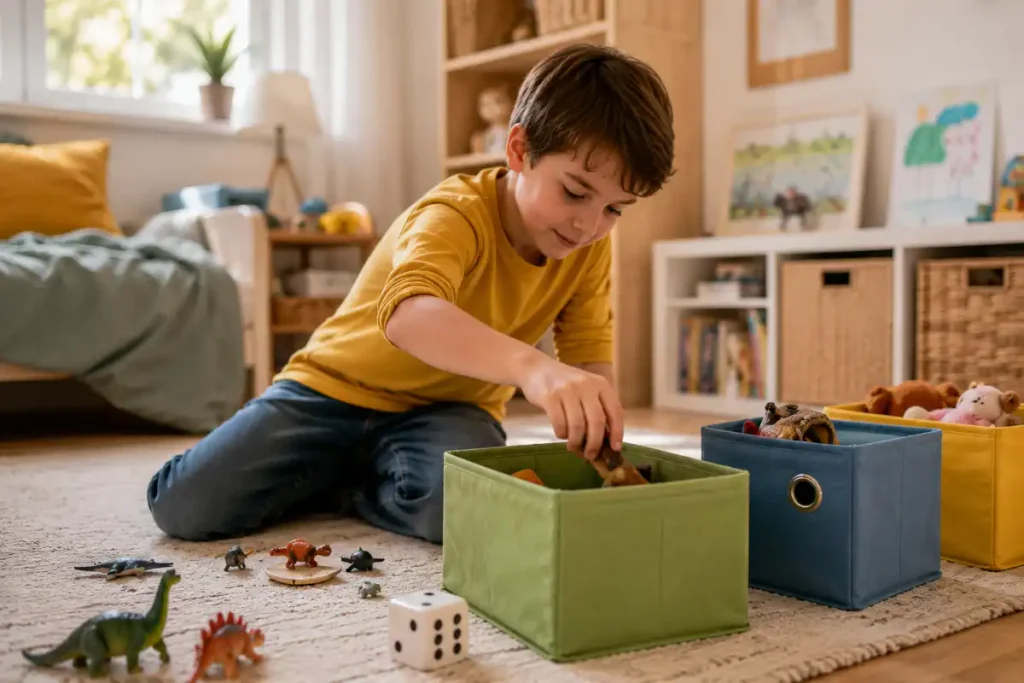 Kind spielt ein Würfel-Aufräumspiel und räumt wenige Spielsachen weg