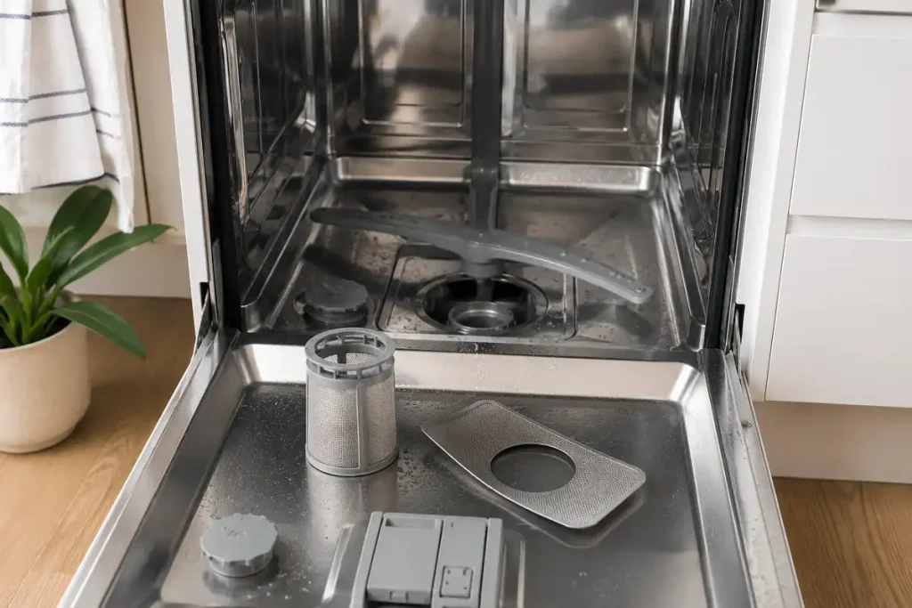 Bereich unter dem Spülmaschinenfilter kontrollieren