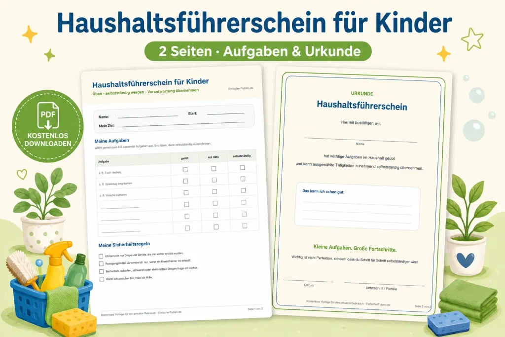 Haushaltsführerschein Kinder PDF kostenlos – Vorschau mit Aufgabenübersicht und Urkunde