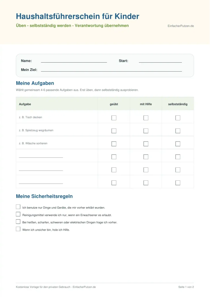Haushaltsführerschein Kinder PDF kostenlos – Vorlage mit Aufgaben und Lernstand