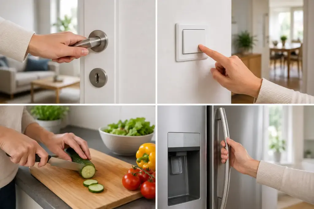 Häufig berührte Flächen wie Türklinke, Lichtschalter und Küchenbereiche für die hygienische Reinigung