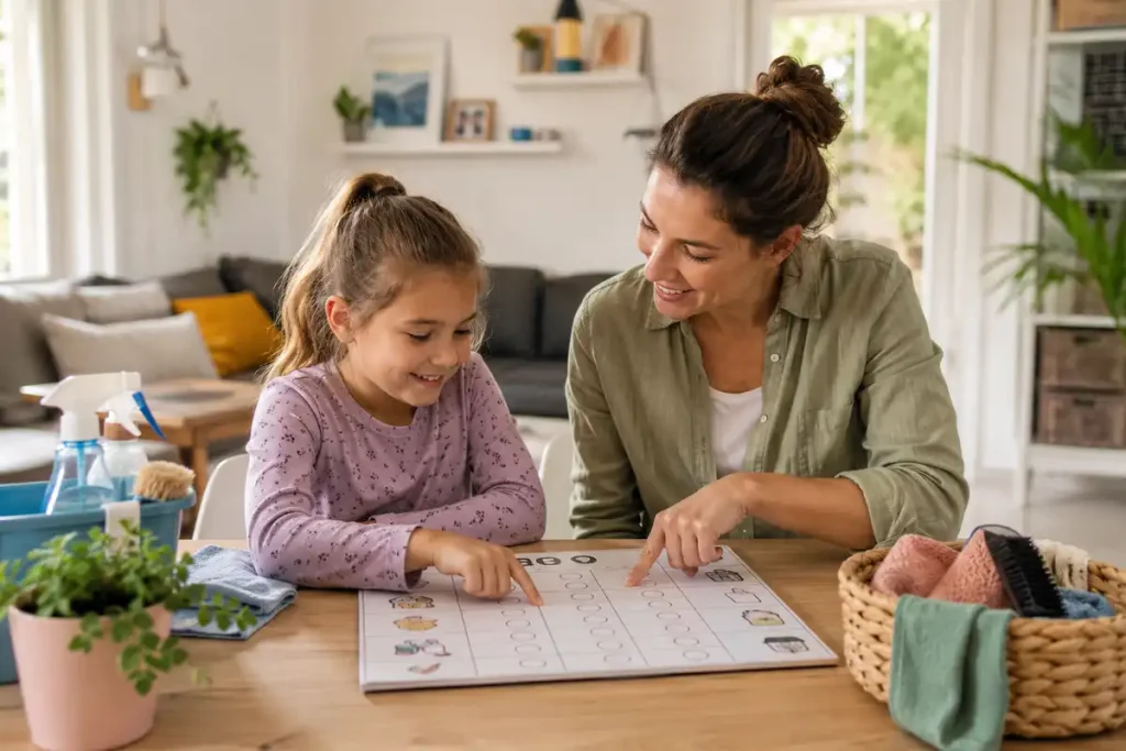 Familie vereinbart gemeinsam feste Haushaltsaufgaben für ein Kind