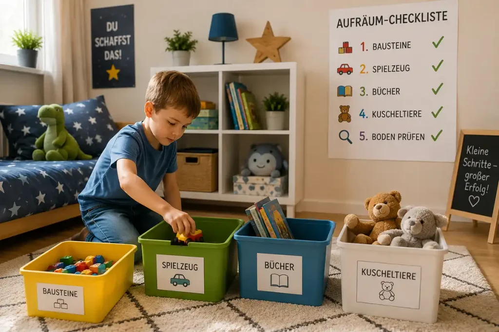 Kind räumt sein Zimmer Schritt für Schritt mit klaren kleinen Aufgaben auf