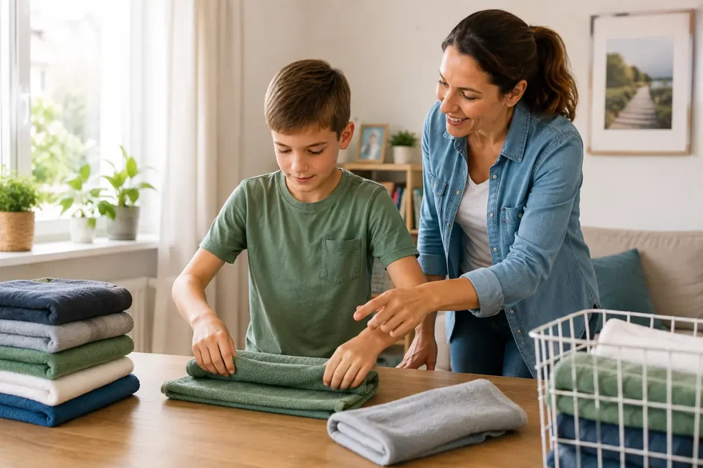 Mutter begleitet ihren Sohn beim selbstständigen Falten von Handtüchern