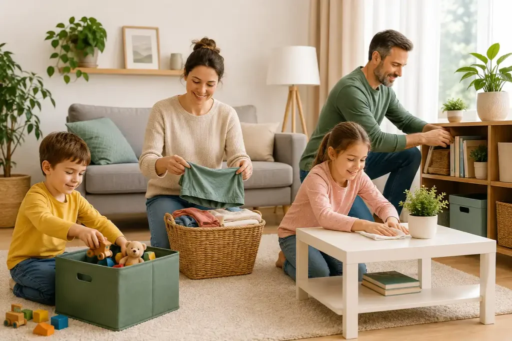 Familie erledigt gemeinsam eine feste Aufräumroutine im Haushalt