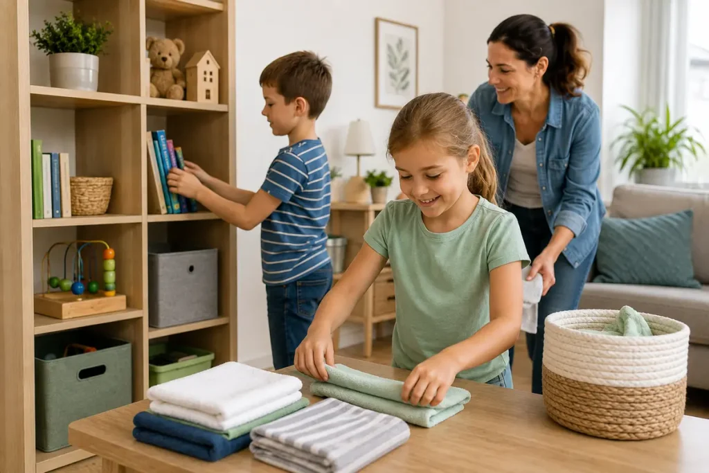Zwei Kinder helfen beim Aufräumen und Wäschefalten im Haushalt