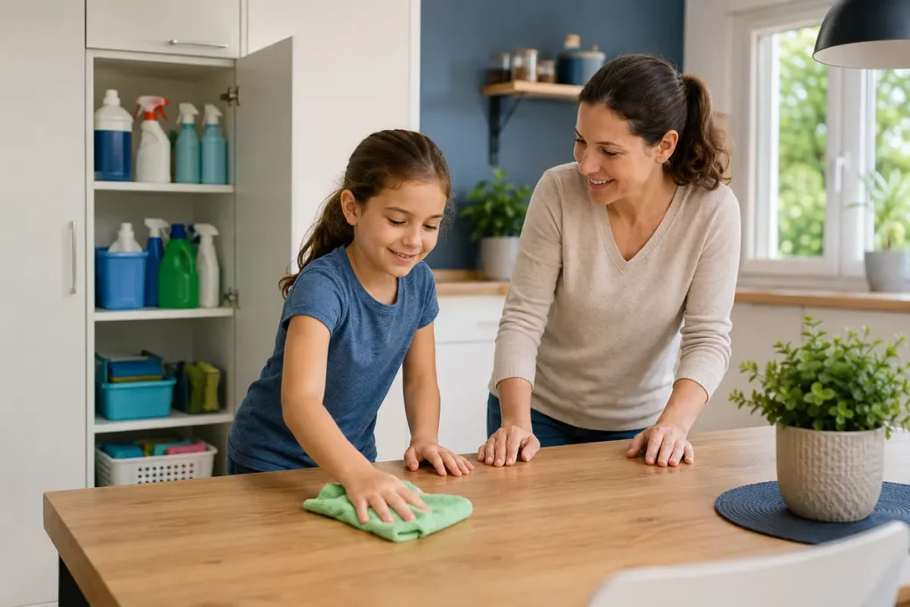 Mutter zeigt ihrer Tochter, wie sie einen Tisch sicher mit einem Tuch reinigt