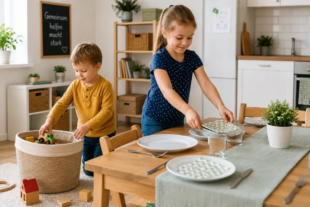 Kinder räumen Spielzeug auf und helfen beim Tischdecken