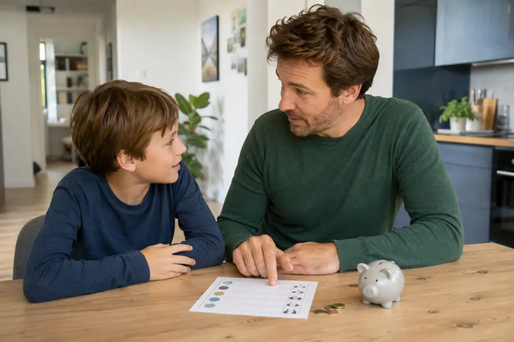 Vater erklärt seinem Sohn Taschengeld und zusätzliche Haushaltsaufgaben