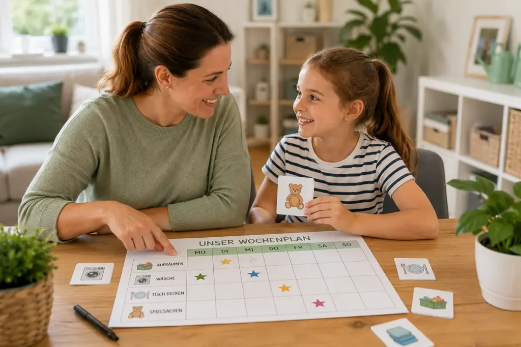 Mutter plant mit ihrer Tochter einen Wochenplan für Haushaltsaufgaben