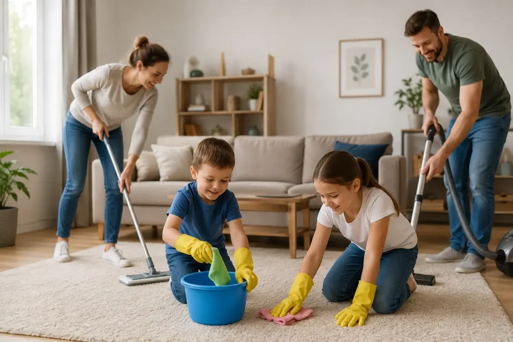 Kinder helfen gemeinsam mit ihren Eltern beim Putzen im Haushalt