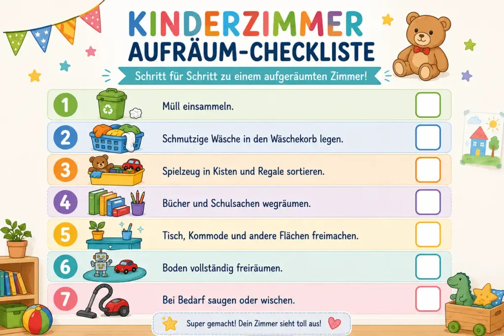 Kinderzimmer Aufräum-Checkliste mit sieben einfachen Schritten für Kinder