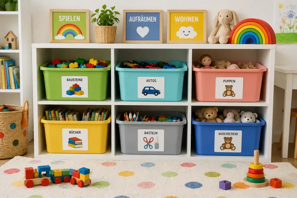 Aufbewahrungsboxen im Kinderzimmer mit sortiertem Spielzeug für leichteres Aufräumen