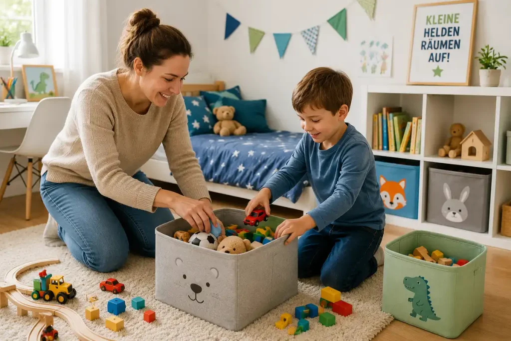 Kind räumt gemeinsam mit einem Elternteil Spielzeug im Kinderzimmer in Aufbewahrungsboxen