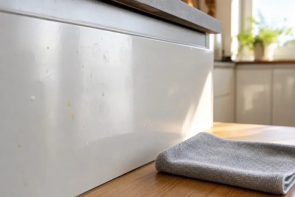 Fettige Fingerabdrücke und Alltagsschmutz auf einer Küchenoberfläche vor der Reinigung