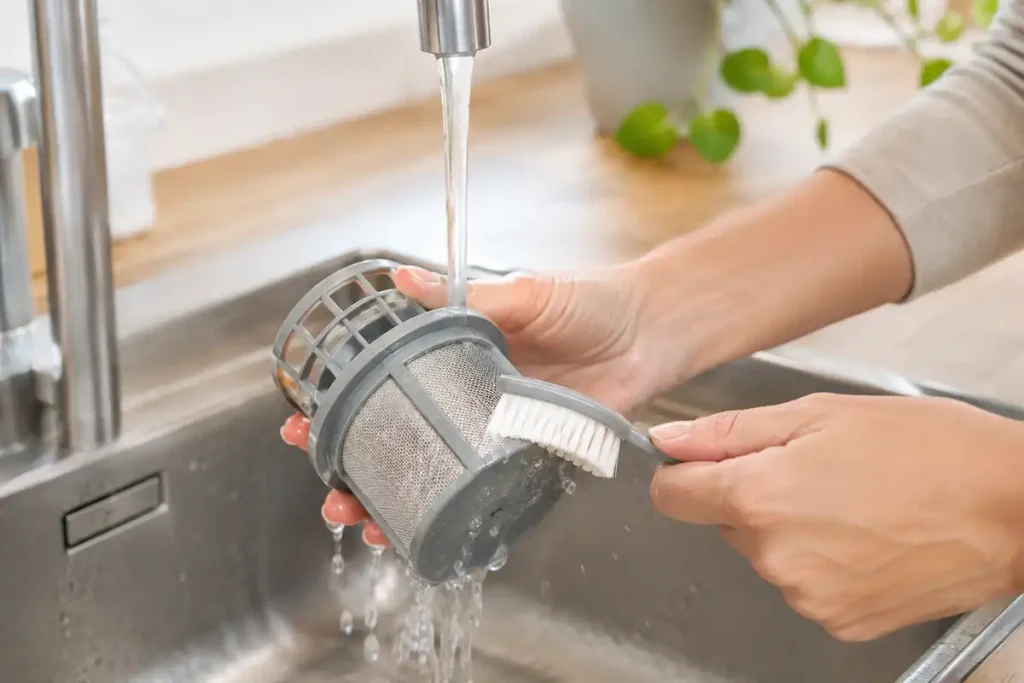Spülmaschinenfilter unter fließendem Wasser reinigen