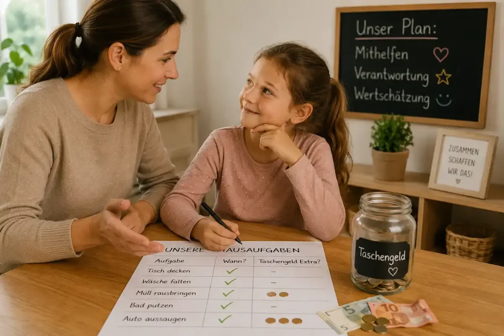 Taschengeld für Hausarbeit – Eltern besprechen Aufgaben und Bezahlung mit ihrem Kind