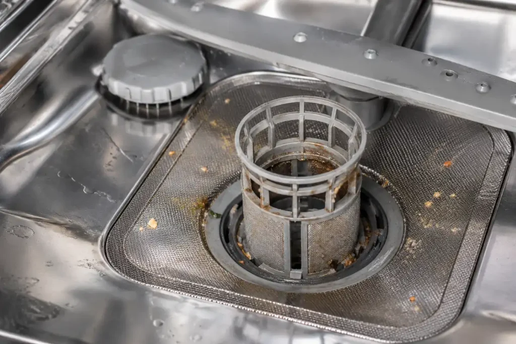 Verschmutzter Spülmaschinenfilter mit Speiseresten